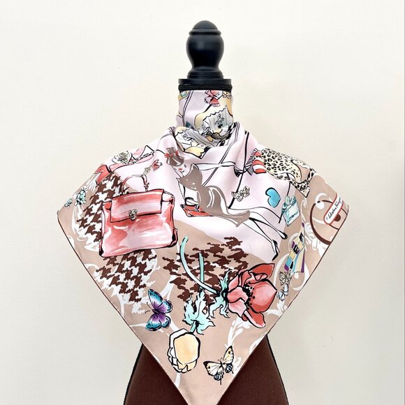 Salvatore Ferragamo Icons Beige Silk Scarf - Picture 14 of 15